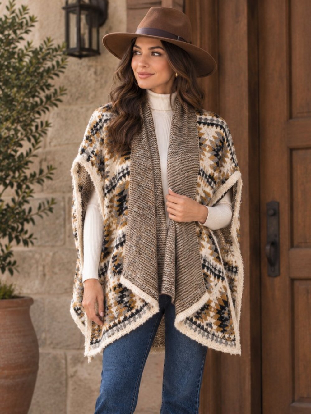 Geometric Southwestern Pattern Knit Poncho Beige Ivory Tan Gray Black